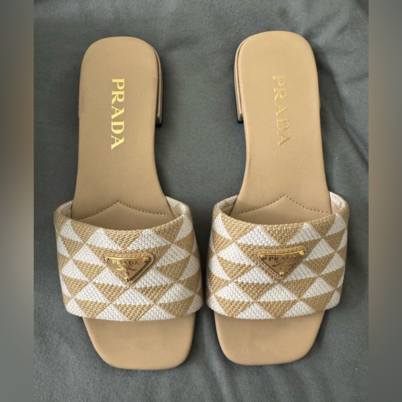 Prada Triangle Jacquard Leather Sandals - Picture 1 of 9